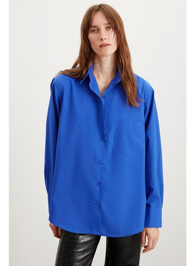 GRIMELANGE Celia Women's 100% Cotton Oversize Pattern Single Pocket Long Navy Blue Shirt - Image 4